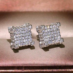 NEW Mens 2ct Diamond Studs 18K White Gold Square Stud Earrings 1 CT Diamonds 18